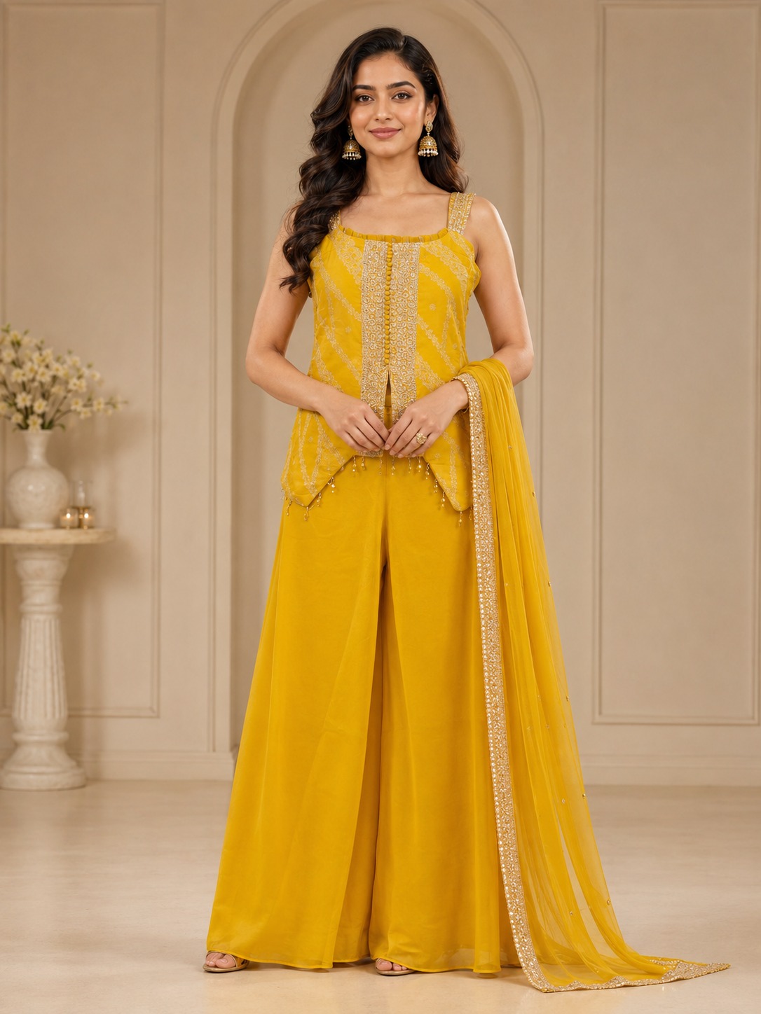 Tissue Banaras Embroidered Short Kurta Palazzo Set with Dupatta – Mustard Yellow